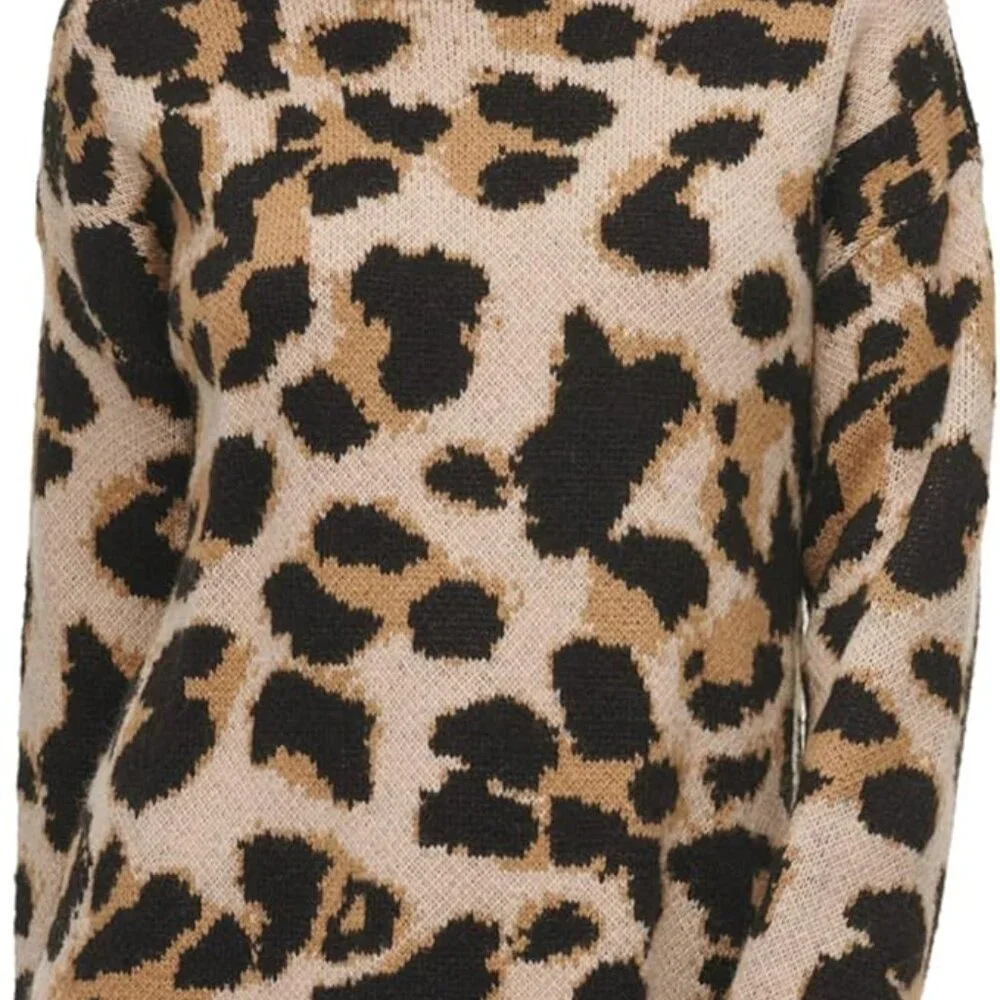 Dkny Women's Tan and Black Leopard Print Pull Over Turtleneck Sweater Size XL